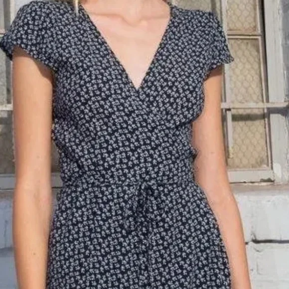Brandy Melville Navy Blue Floral Robbie Tie Wrap Dress